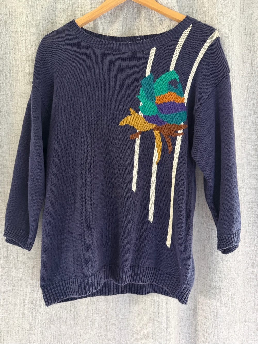 Women's Navy Crewneck Sweater with Floral Knit Accent